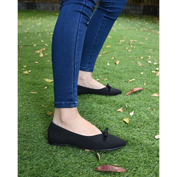Black Suede Flats Bow Knit Round Toe Comfortable Ballet Flats for Office Work - Picture 6 of 10